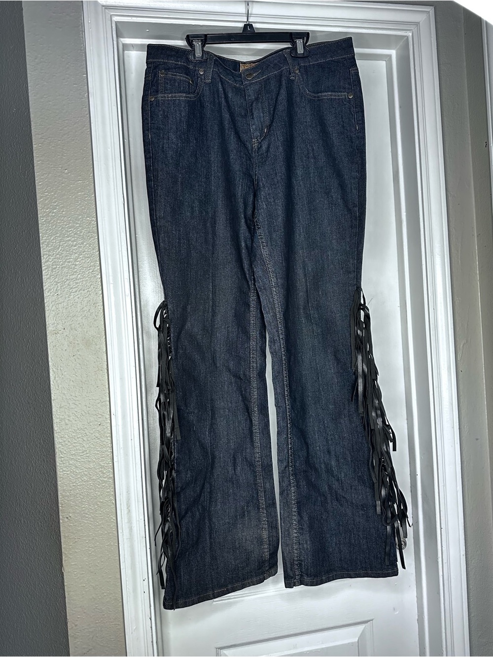 Dark Wash Fringe-Trim Denim Jeans - Women's